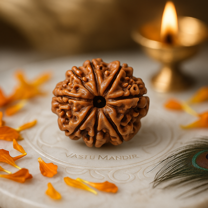 8 faced brown rudraksha bead on a white plate with orange petals and a lit candle in the background.