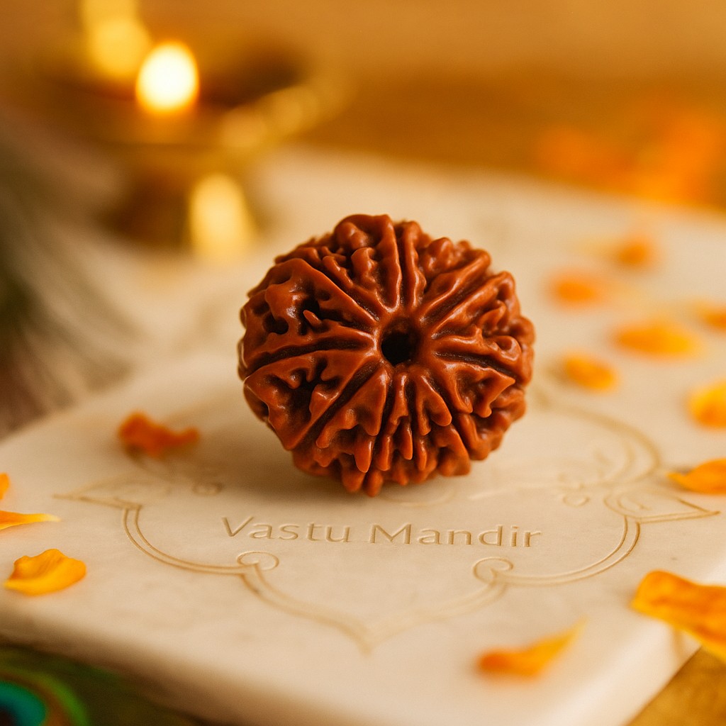 Brown rudraksha with 9 faces on a white surface with 'Vastu Mandir' text, surrounded by orange petals.
