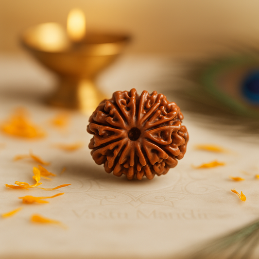Brown Rudraksha with 9 faces on a decorative surface with blurred background