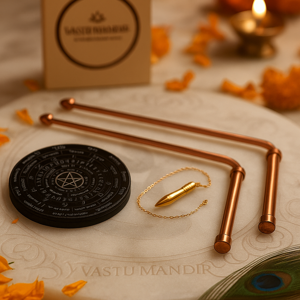 Copper Dowsing Full Set Vastu on a textured surface with 'Vastu Mandir' branding.
