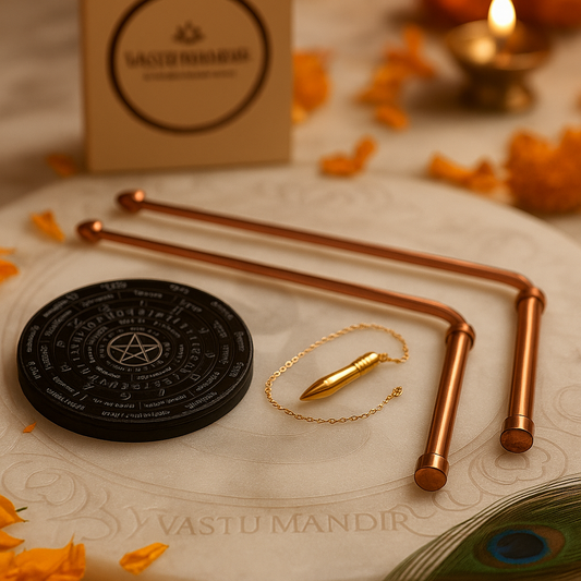 Copper Dowsing Full Set Vastu on a textured surface with 'Vastu Mandir' branding.