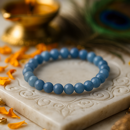 Aquamarine 8mm bead bracelet for calm and Throat Chakra balance – Vastu Mandir