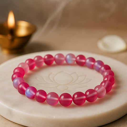 Iridescent pink Aura Quartz round-bead bracelet by Vastu Mandir