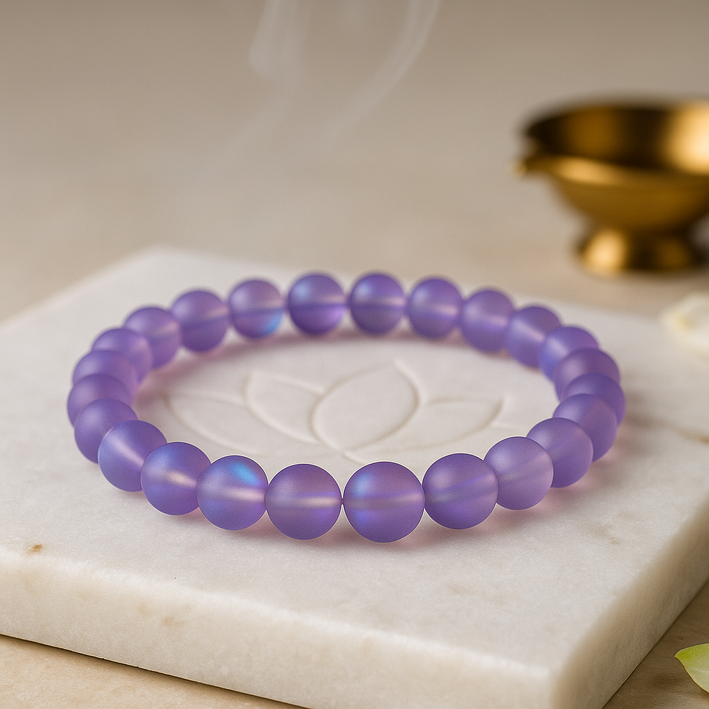 Purple Aura Quartz 8mm bead bracelet with iridescent finish