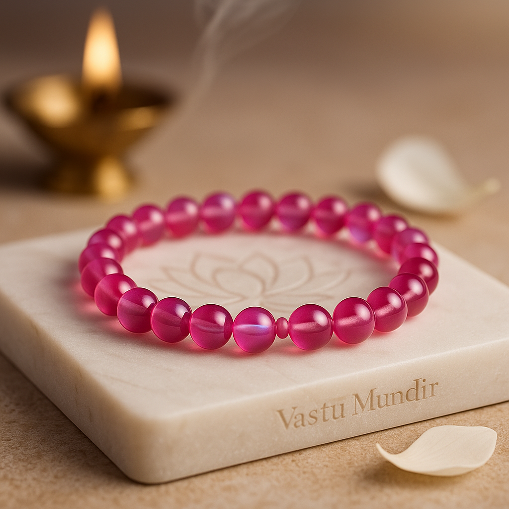 Pink beaded bracelet on a marble surface with a lit candle in the background