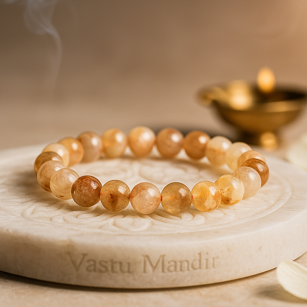 Natural Citrine 8mm bead bracelet on a stone surface with 'Vastu Mandir' branding, featuring a blurred background.