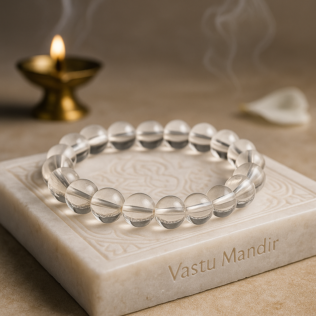 Hydro Quartz 8mm bead bracelet on a marble surface with 'Vastu Mandir' branding, candle in the background