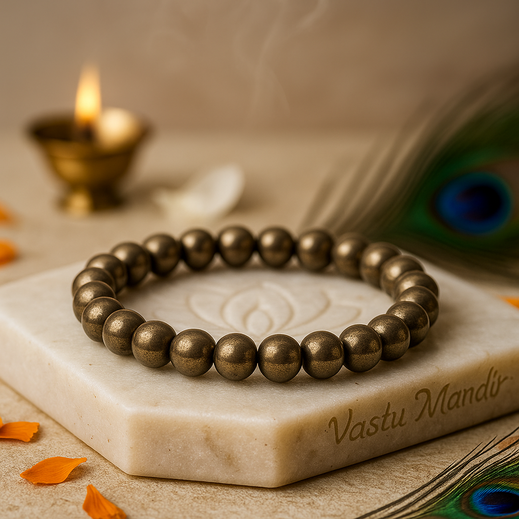 natural pyrite stretch bracelet on a marble slab with 'Vastu Mandir' branding, candle, and peacock feather in the background.
