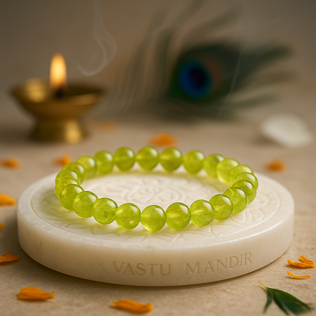 Natural peridot 8 mm crystal bead bracelet on a white stone with 'Vastu Mandir' branding, surrounded by decorative elements.