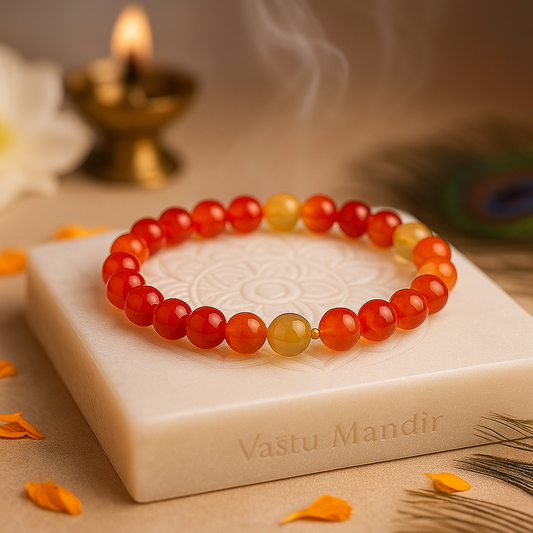 Natural red agate 8mm crystal bead bracelet on a white stone with 'Vastu Mandir' branding, surrounded by decorative elements.