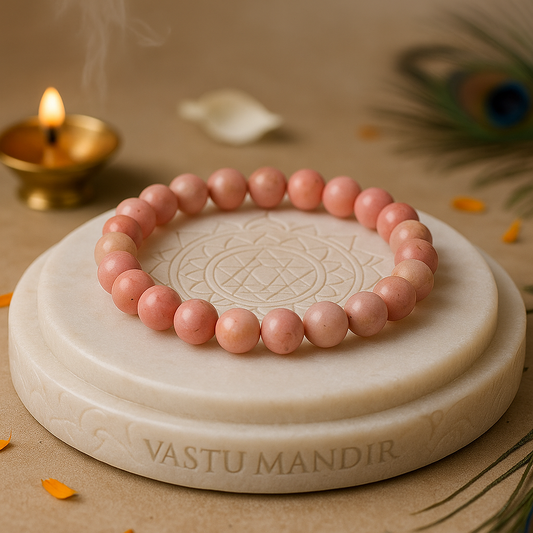premium pink rhodochrosite bracelet on a decorative stand with 'Vastu Mandir' branding, surrounded by subtle decorations.