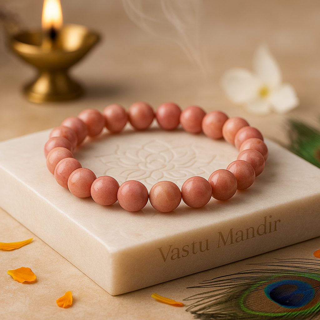 premium pink rhodochrosite bracelet on a marble slab with 'Vastu Mandir' branding, candle, and peacock feather in the background.