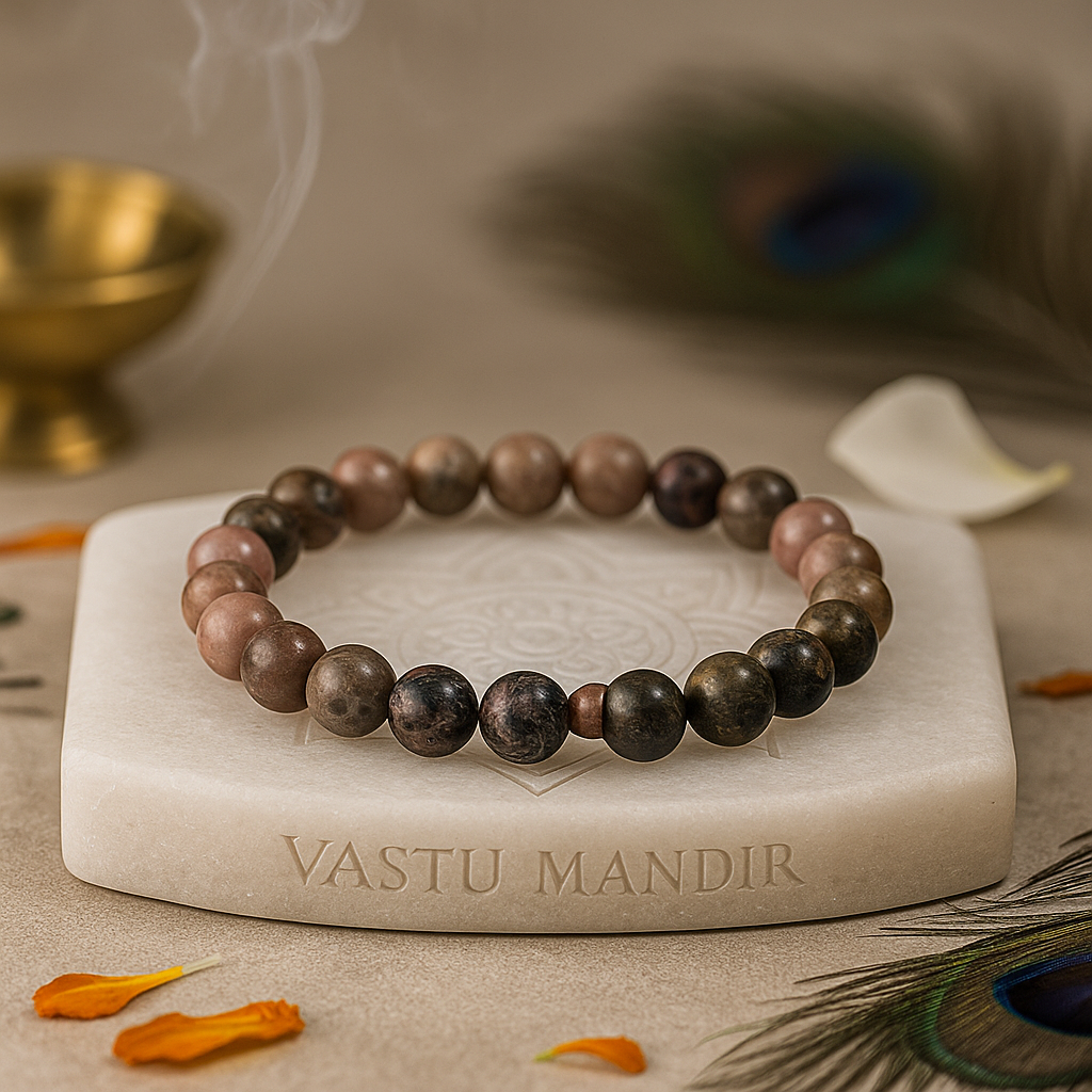 Rhodonite 8mm bead bracelet on a marble stand with 'Vastu Mandir' branding, surrounded by decorative elements.