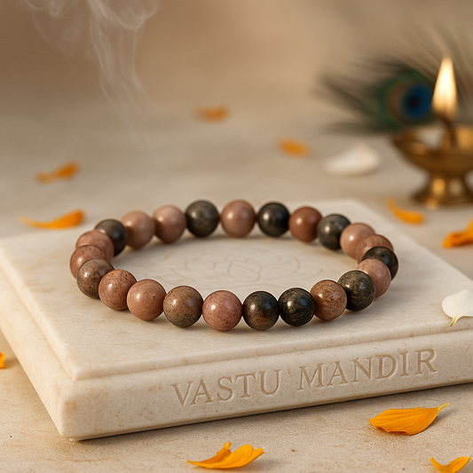 Rhodonite 8mm bead bracelet on a marble slab with 'Vastu Mandir' branding, surrounded by decorative elements.