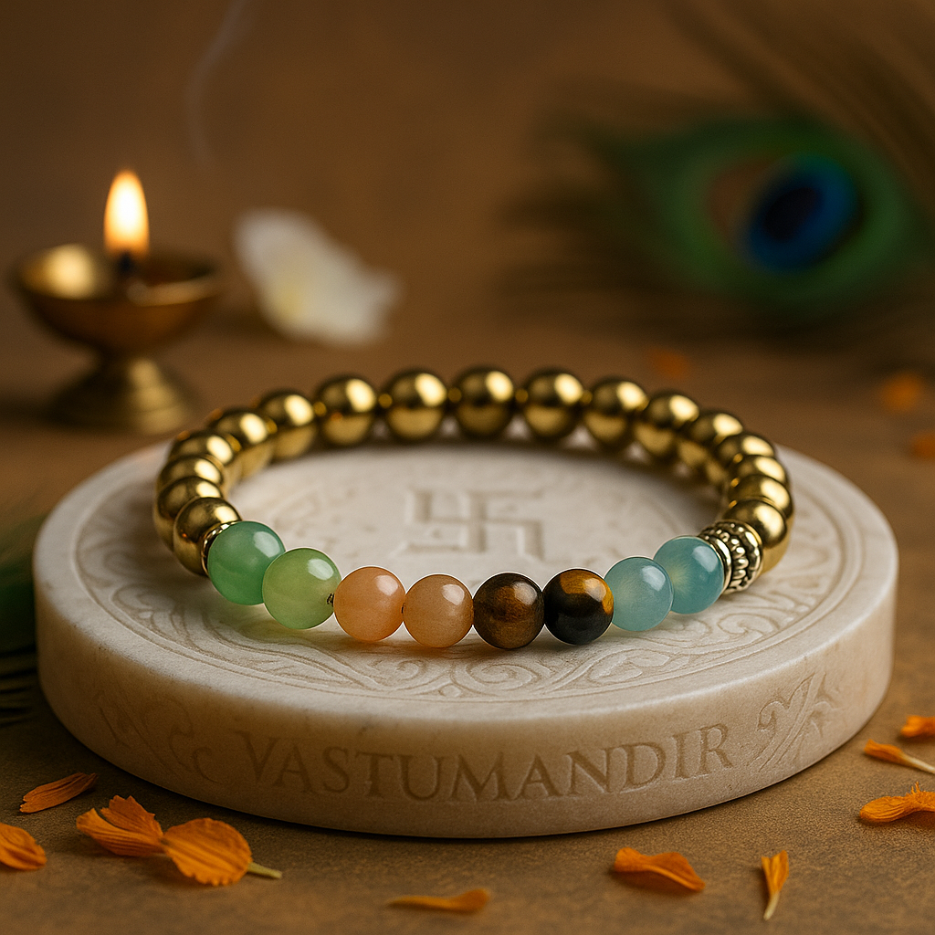 Career success crystal bracelet 8mm beads on a decorative stone platform with 'Vastu Mandir' branding.
