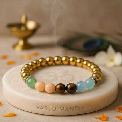 career success crystal bracelet 8mm beads on a stone surface with 'Vastu Mandir' branding, surrounded by decorative elements.