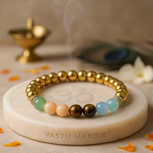 career success crystal bracelet 8mm beads on a stone surface with 'Vastu Mandir' branding, surrounded by decorative elements.