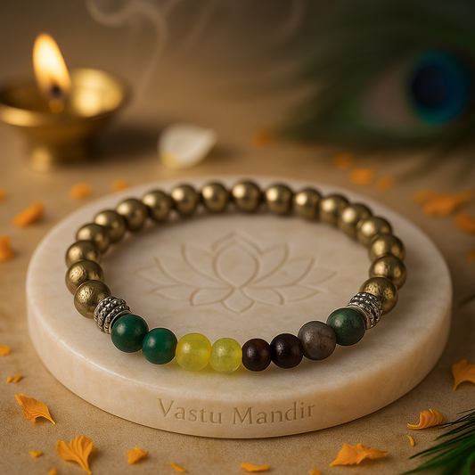 pyrite money magnet bracelet 8mm beads for business success on a stone pad with 'Vastu Mandir' branding, surrounded by decorative elements.