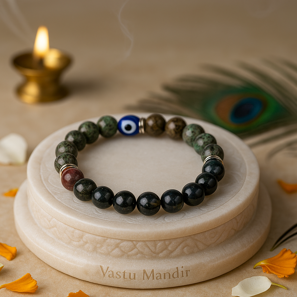 libra zodiac bracelet 8mm with a blue evil eye bead on a wooden stand with 'Vastu Mandir' branding, surrounded by decorative elements.