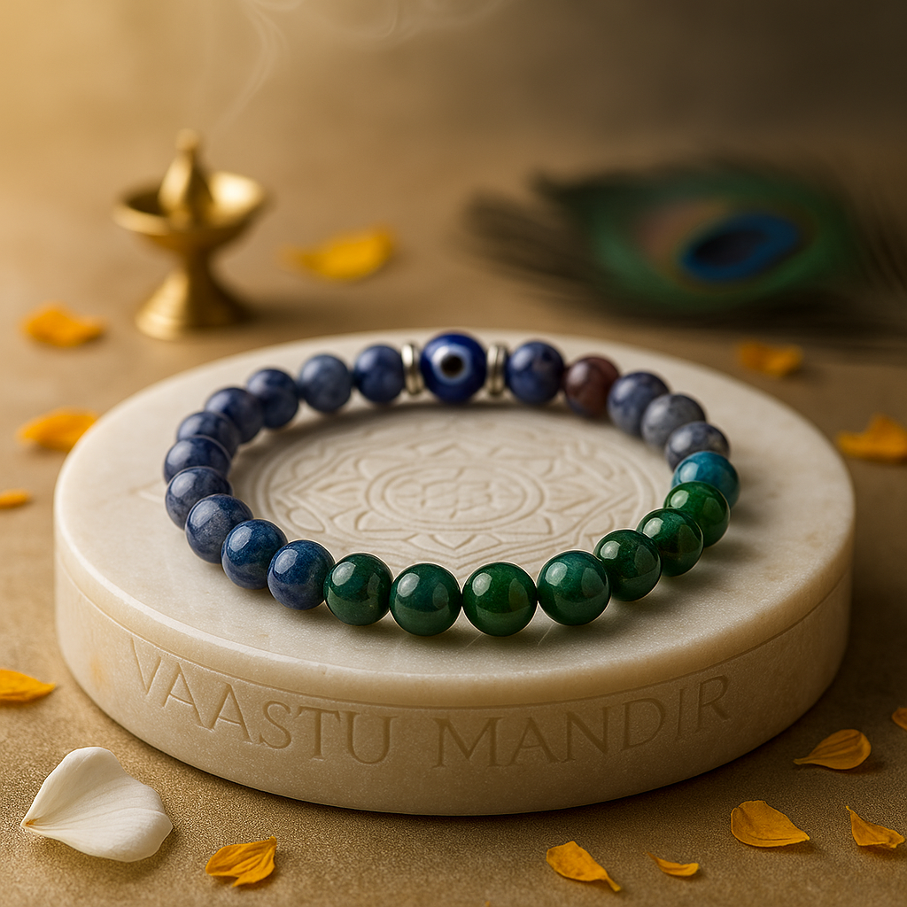 pisces zodiac bracelet 8mm with blue and green stones on a decorative stone platform with 'VAASTU MANDIR' engraving.