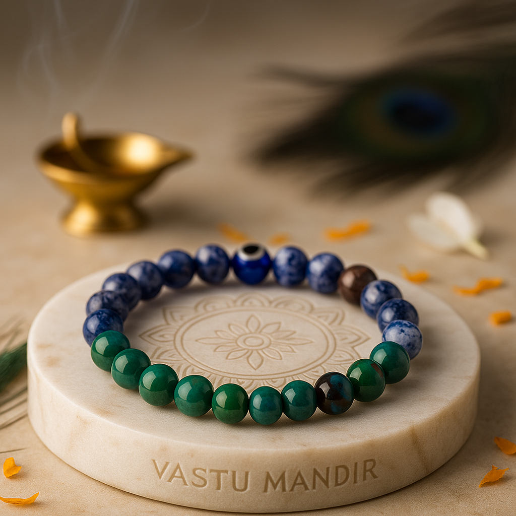 sagittarius zodiac bracelet 8mm on a stone surface with 'Vastu Mandir' branding, surrounded by decorative elements.