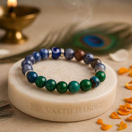 sagittarius zodiac bracelet 8mm  on a stone platter with 'Vastu Mandir' branding, surrounded by decorative elements.