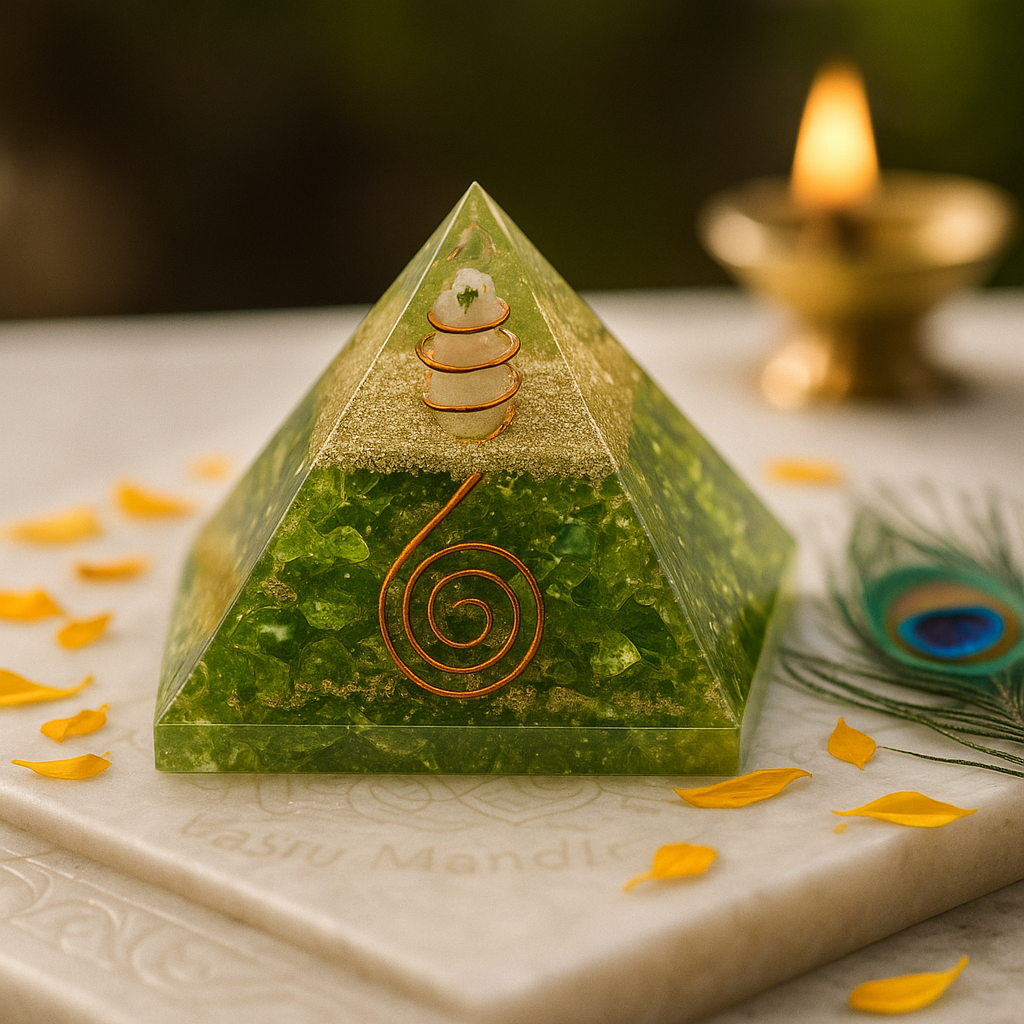peridot orgonite pyramid vastu luck magnet heart chakra healing on a marble surface with candles and peacock feather in the background