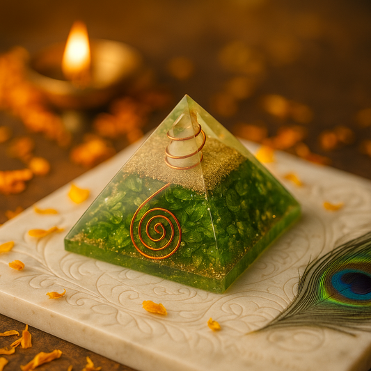 peridot orgonite pyramid on a decorative surface with a candle in the background
