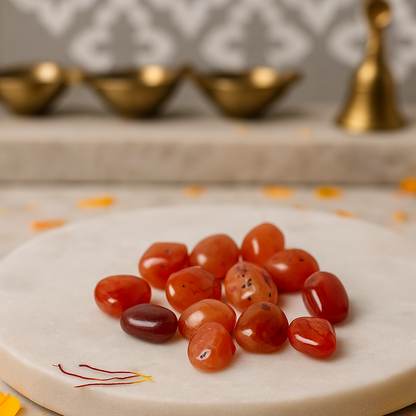 Carnelian Tumbled Vastu Stones
on a white plate with gold decorative elements in the background