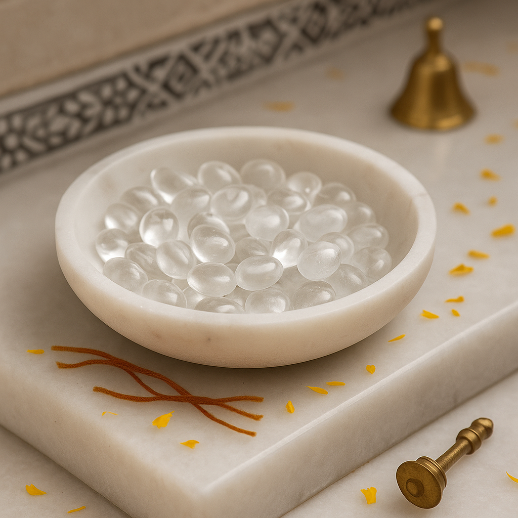 White marble dish with crystal quartz stones on a decorative surface with gold accents