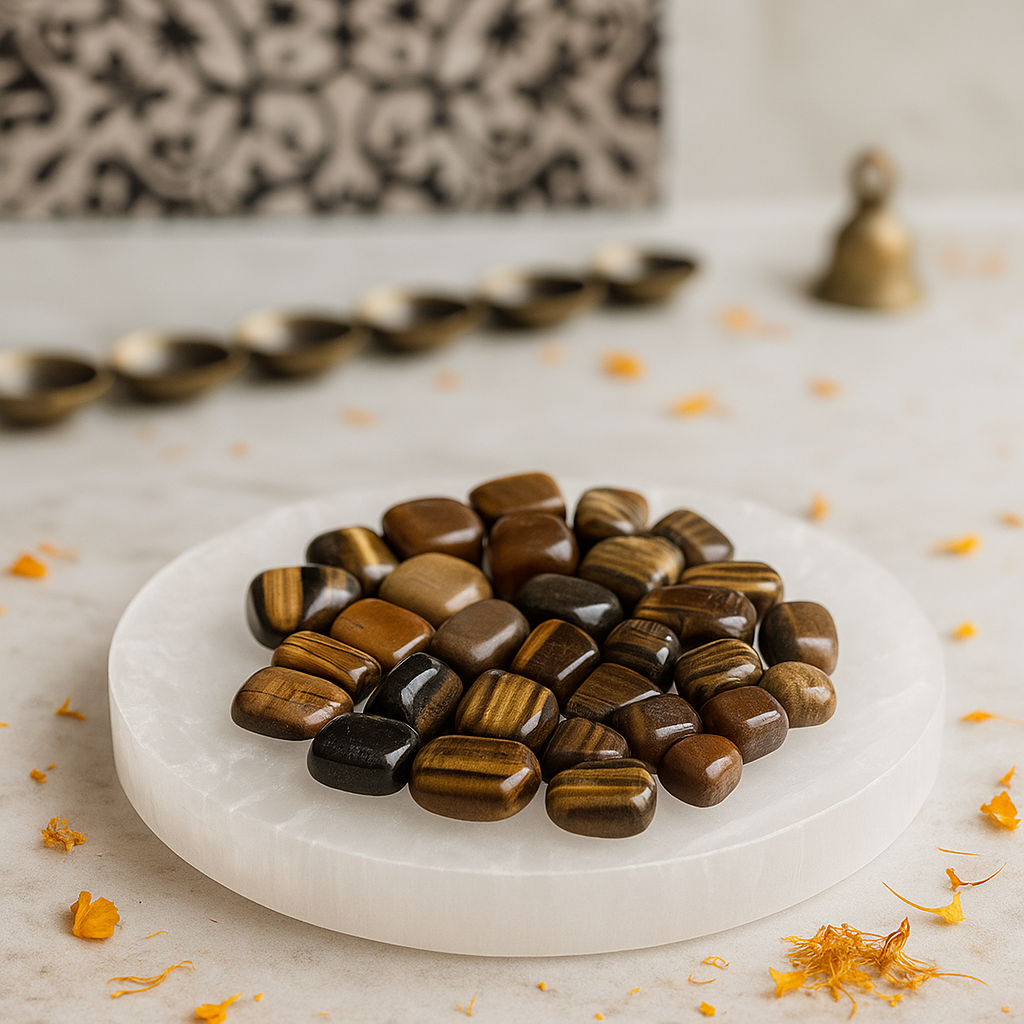 Wide view of tiger eye tumbled stones displayed on a white plate with brass decor and flower petals
