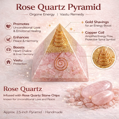 Rose Quartz Orgonite Pyramid Vastu Remedy for Love, Relationship Harmony and Heart Chakra Healing for Bedroom, Couple Spaces and Emotional Balance | 6.5 cm | 110 g