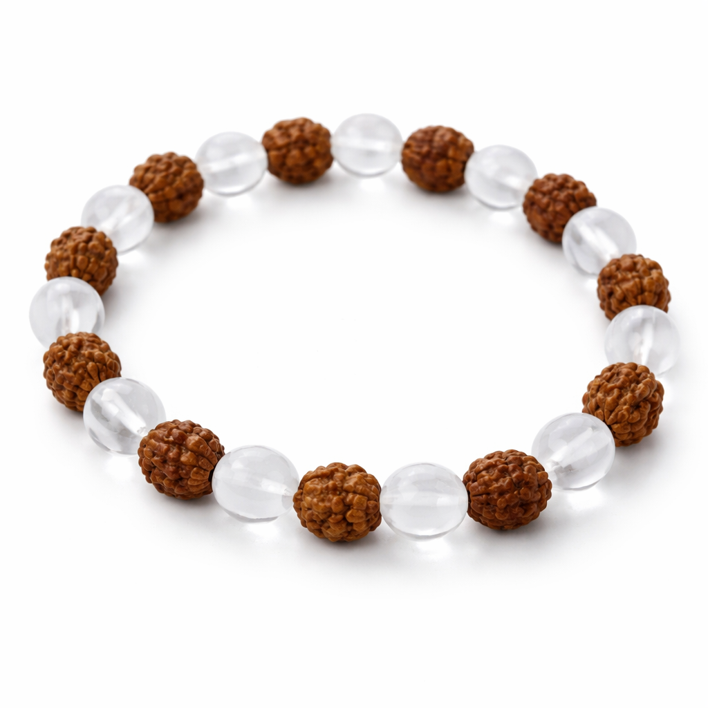 Rudraksha Clear Quartz Crystal Bracelet – Vastu Remedy for Spiritual Protection & Mental Clarity | Stress Relief Combo | 8mm Beads