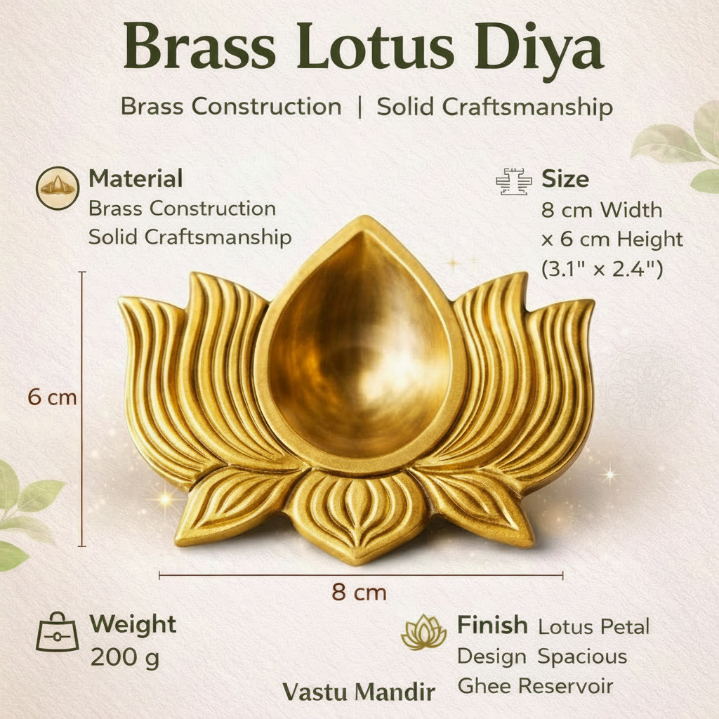 Brass Lotus Diya with material, size, weight, and finish details on a light background