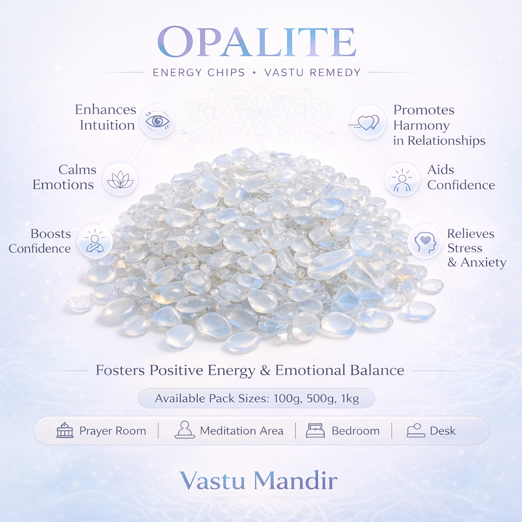Opalite stones with benefits listed on a light blue background