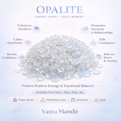 Opalite stones with benefits listed on a light blue background
