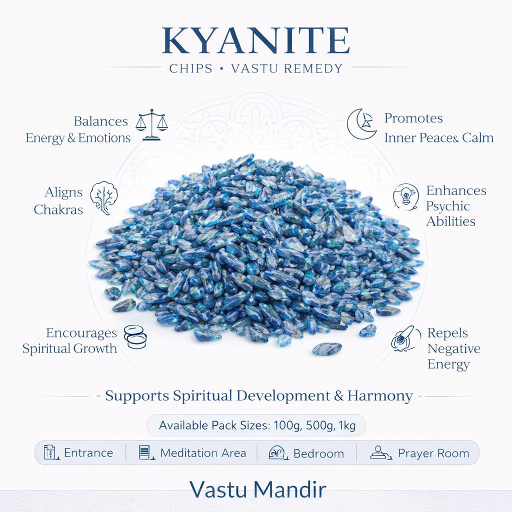 Kyanite chips with benefits listed on a white background