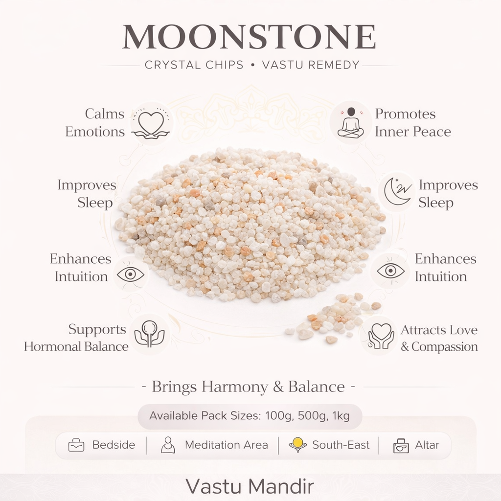 Moonstone crystal chips with benefits and usage information on a white background