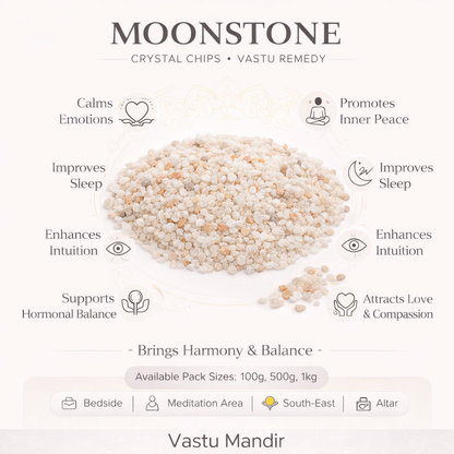 Moonstone crystal chips with benefits and usage information on a white background
