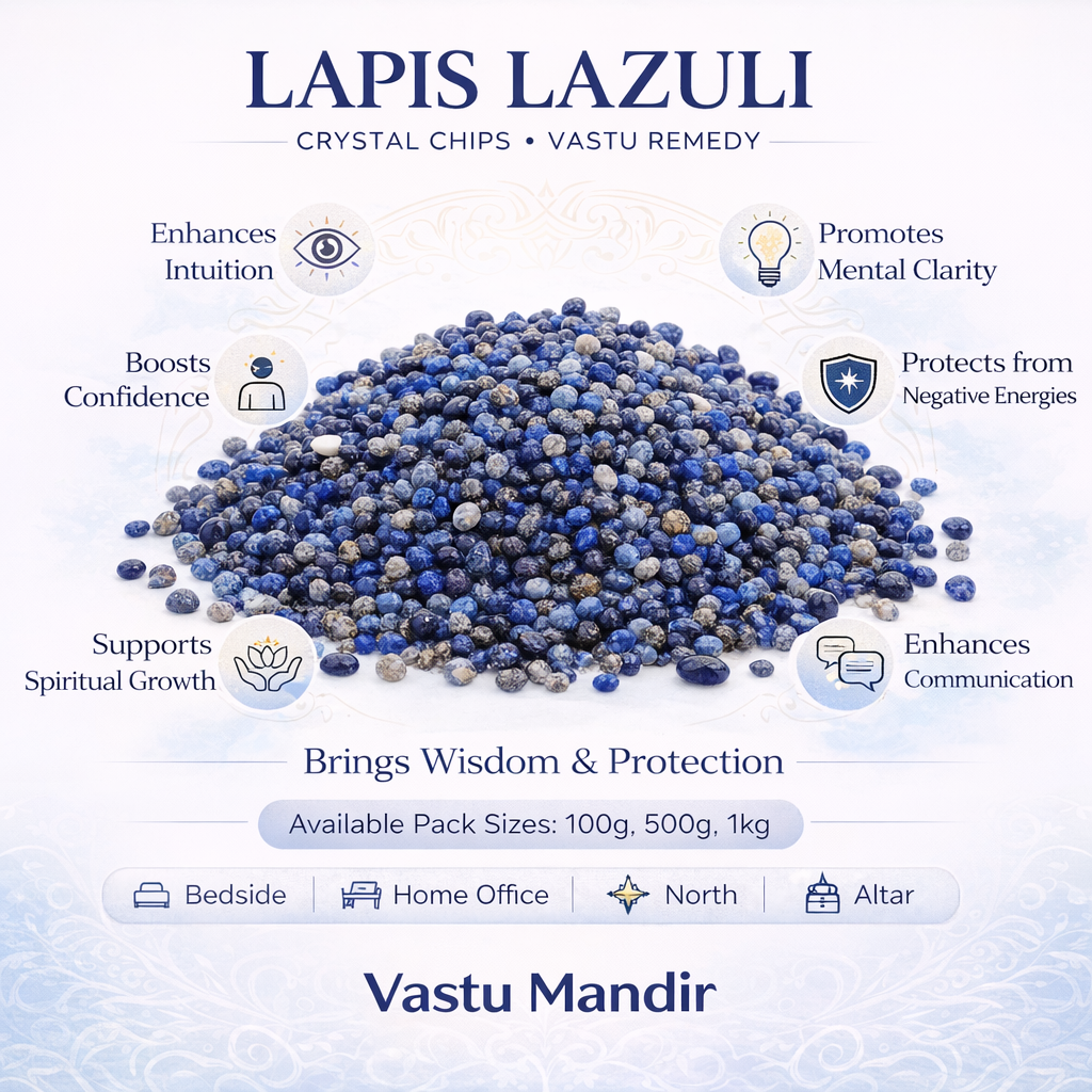 Lapis Lazuli crystal chips with benefits listed on a white background