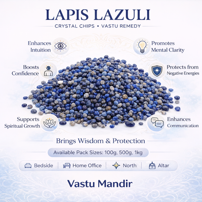 Lapis Lazuli crystal chips with benefits listed on a white background