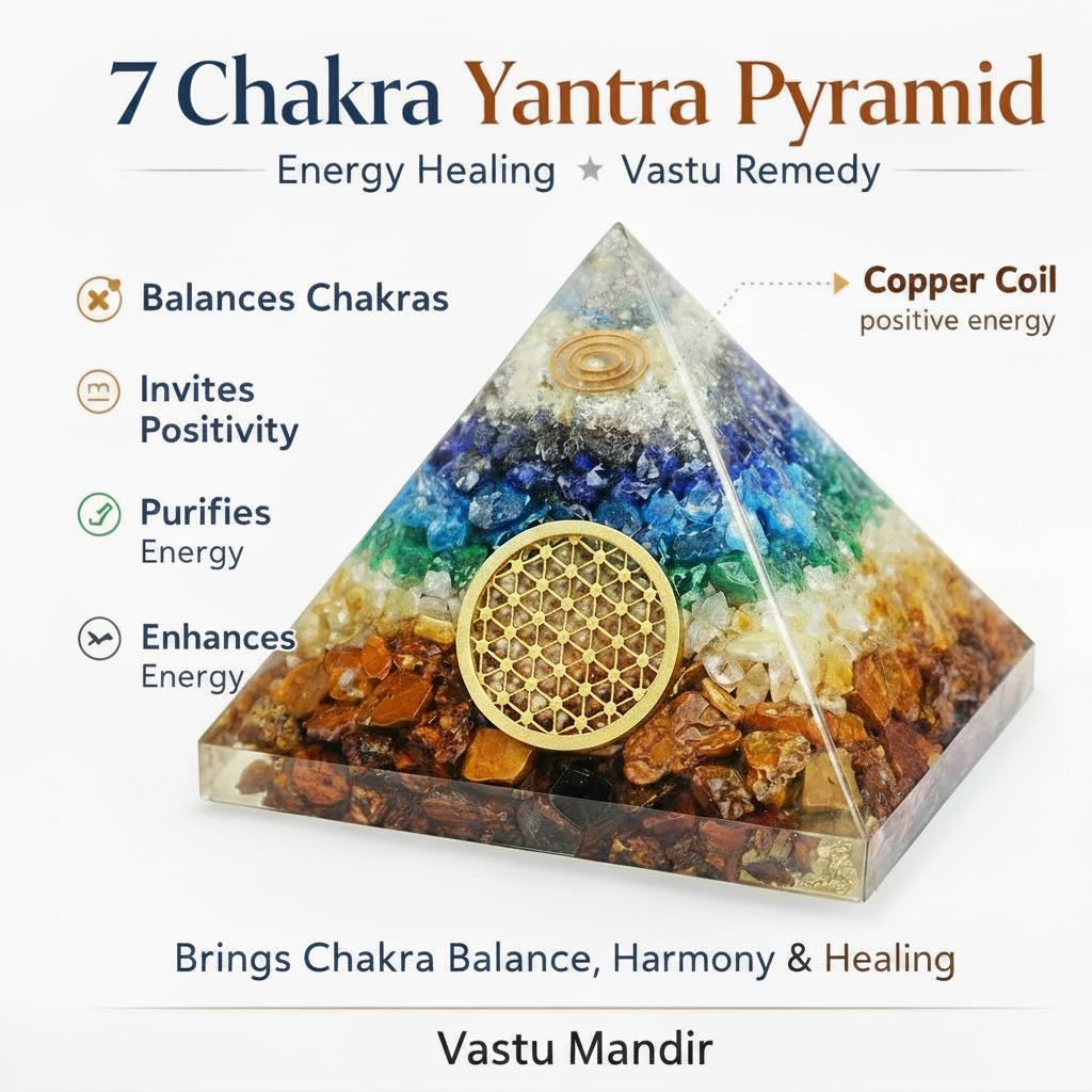 7 Chakra Yantra Pyramid with energy healing and vastu remedy properties on a white background.