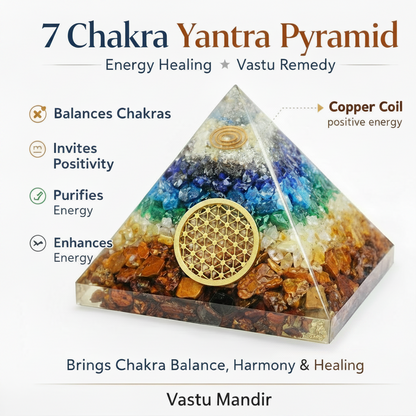 7 Chakra Yantra Pyramid with energy healing and vastu remedy properties on a white background.