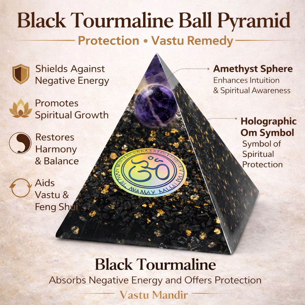 Natural Black Tourmaline Sphere Pyramid Vastu Remedy for Negative Energy Absorption, Aura Protection and Space Cleansing for Home, Office and Healing Use | 6 cm | 220 g