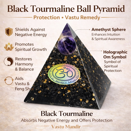 Natural Black Tourmaline Sphere Pyramid Vastu Remedy for Negative Energy Absorption, Aura Protection and Space Cleansing for Home, Office and Healing Use | 6 cm | 220 g