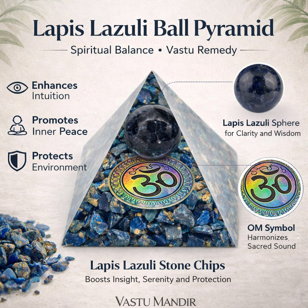 Lapis Lazuli Ball Pyramid with Lapis Lazuli Sphere, Stone Chips, and OM Symbol on a light background.