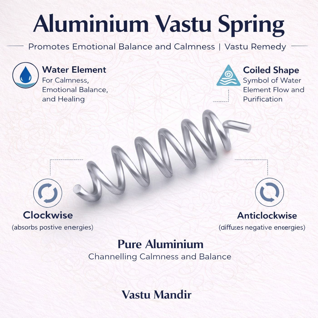 Aluminium Vastu Spring with explanations on water element, coiled shape, clockwise and anticlockwise directions, and Vastu Mandir branding.