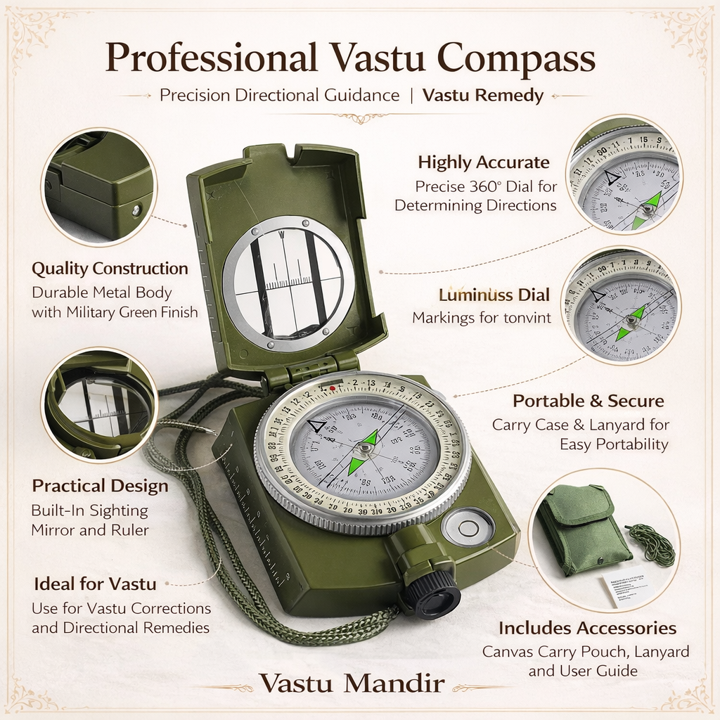 Professional Vastu Compass with features highlighted on a beige background