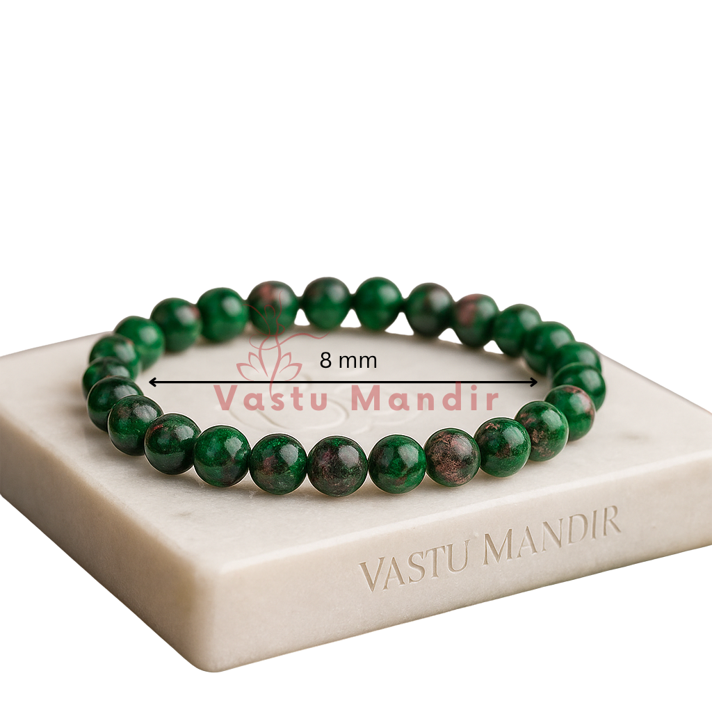 Natural Ruby Zoisite Bracelet — 8 mm Beads on a Vastu Mandir branded stand with measurement label.