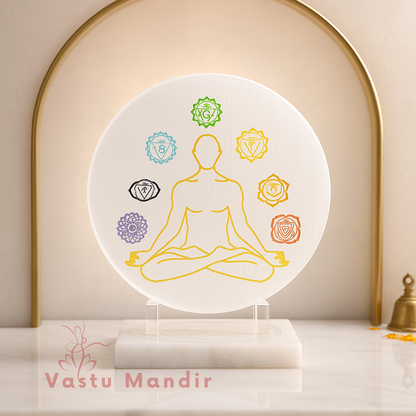 7 Chakra Selenite Charging Plate with chakra symbols and a silhouette of a person in meditation, branded 'Vastu Mandir'.